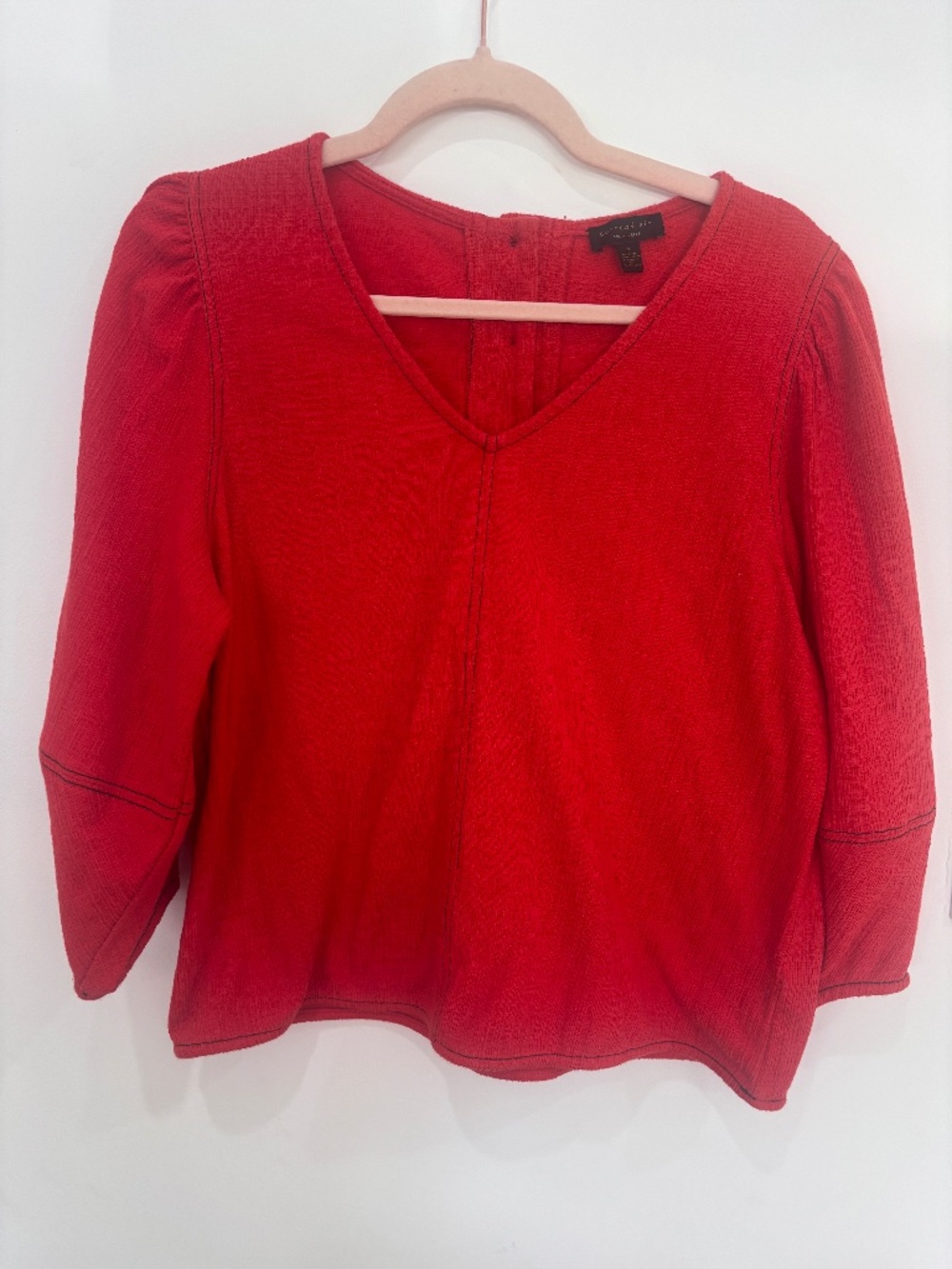 Current Air Los Angeles Blouse Medium Red Textured V Neck Puff Sleeve Top